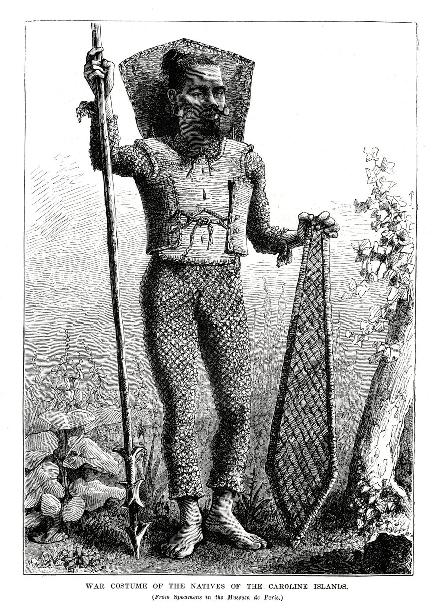 Krigskostume for de indfødte på Caroline Islands, det centrale Stillehav, 1877 af Unbekannt