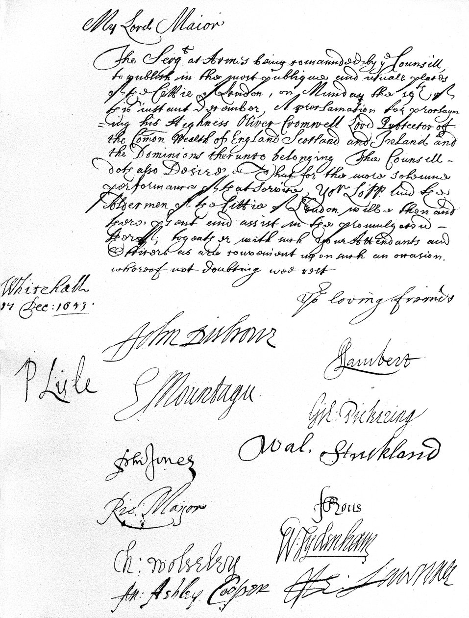 Ordre fra Council of State til Lord Mayor of London, der ønsker, at han og Aldermen overværer Oliver Cromwells proklamation som Lord Protector for Commonwealth of England, Skotland, Irland og Dominions den 19. december af Unbekannt