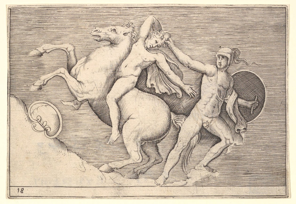 Warrior Pulling a Rider from His Horse, fra Ex Antiquis Camus et Ge..., udgivet ca. 1599-1622. af Unbekannt