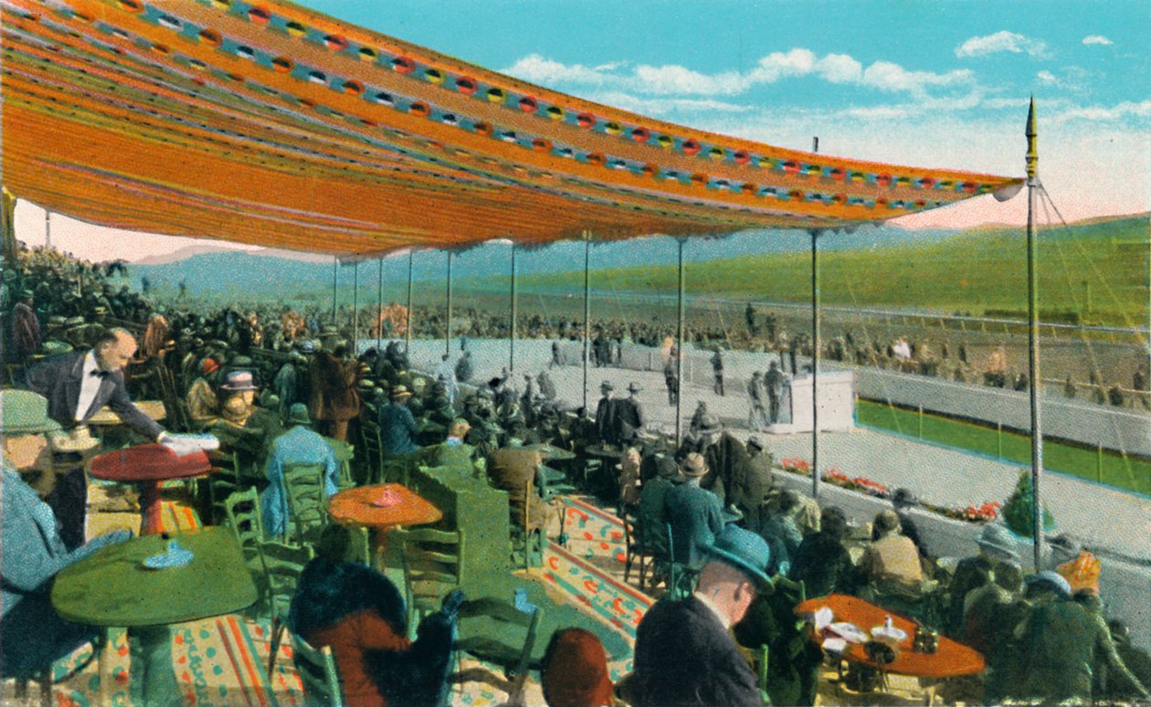 Ser løbene foran Club House, Agua Caliente Jockey Club, c1939 af Unbekannt
