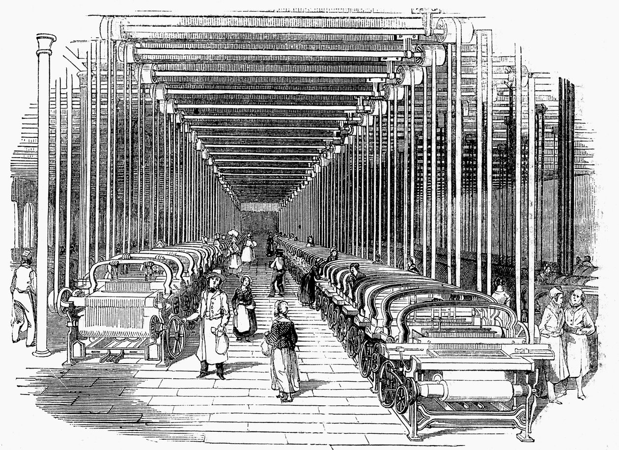 Væveskur udstyret med rækker af kraftvæve drevet af bælte og skaft, c1840 af Unbekannt