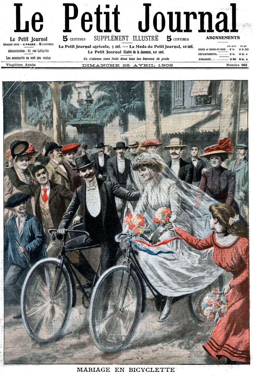 Bryllupsfest på cykler ledet af bruden og brudgommen, Nice, Frankrig, 1909 af Unbekannt