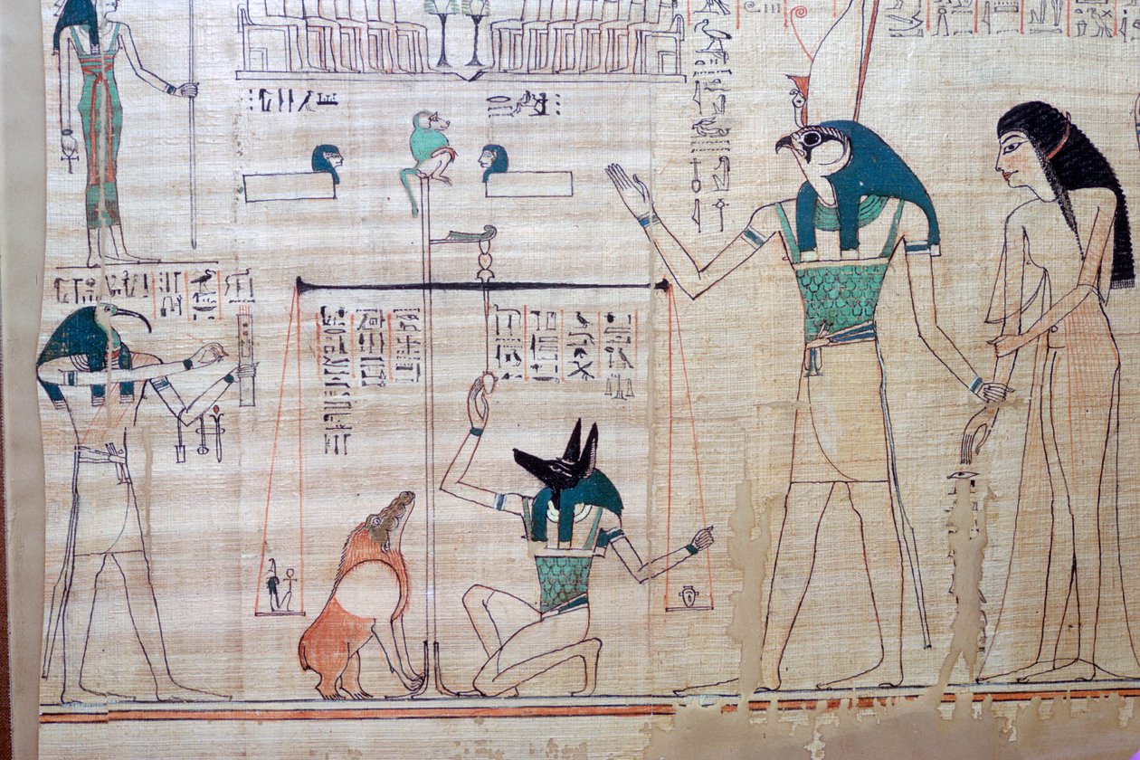 Vejning af den afdødes hjerte mod sandhedens fjer fra den egyptiske Deabog af Unbekannt