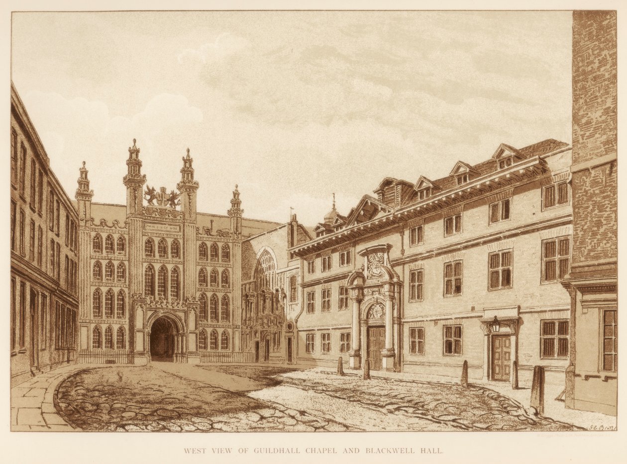 Vestudsigt over Guildhall Chapel og Blackwell Hall, City of London, 1886 af Unbekannt
