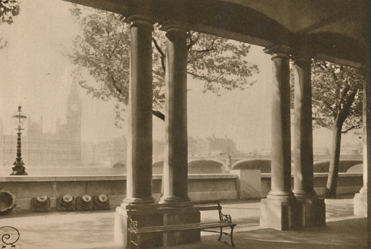 Westminster Bridge og Big Ben fra terrassen på St. Thomass Hospital, c1935. af Unbekannt
