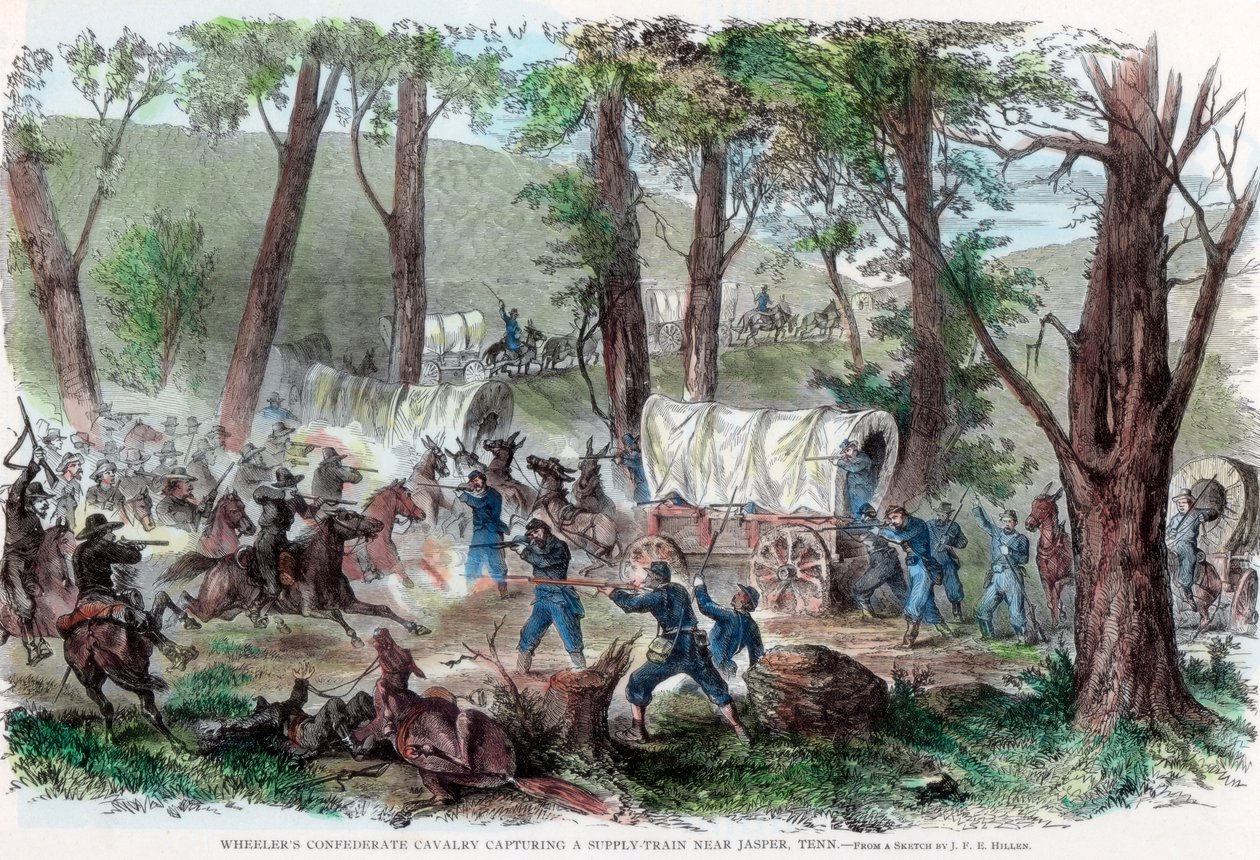 Wheelers konfødererede kavaleri fanger et forsyningstog nær Jasper, Tennessee, c1863 af Unbekannt