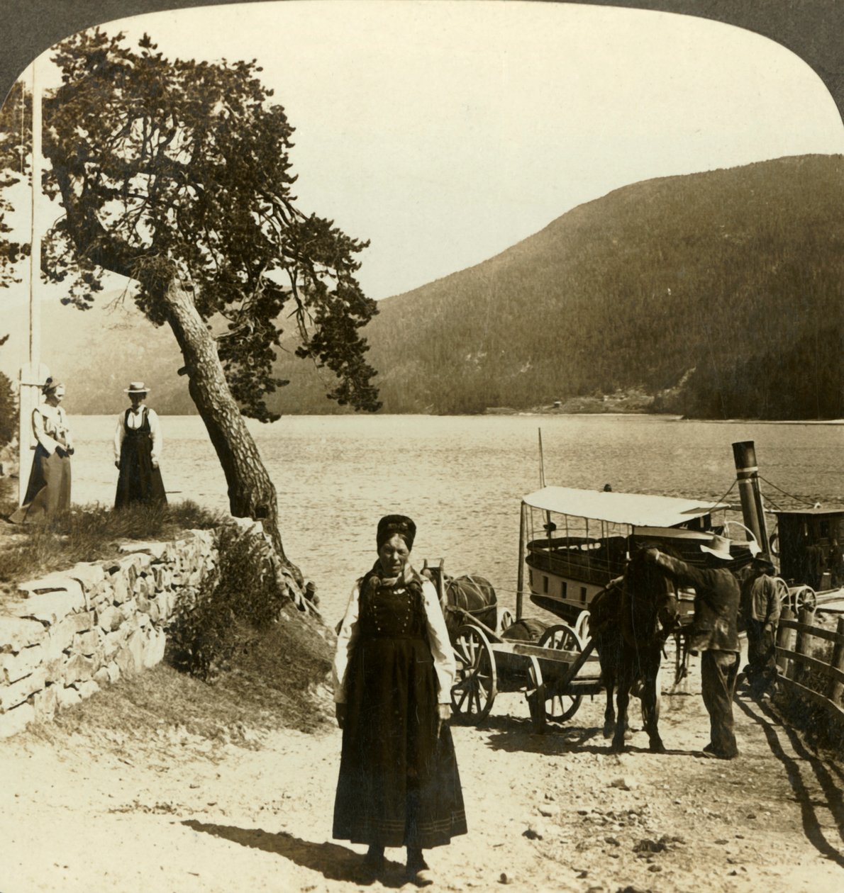 Når sødamperen anløber Tinoset-molen - udsigt over Tinsjo til bakkerne, Norge, c1905. af Unbekannt