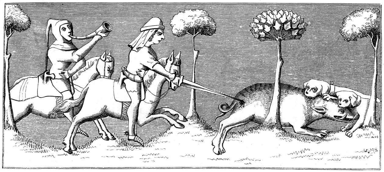 Vildsvinejagt med hunde, 1300-tallet 1849 af Unbekannt