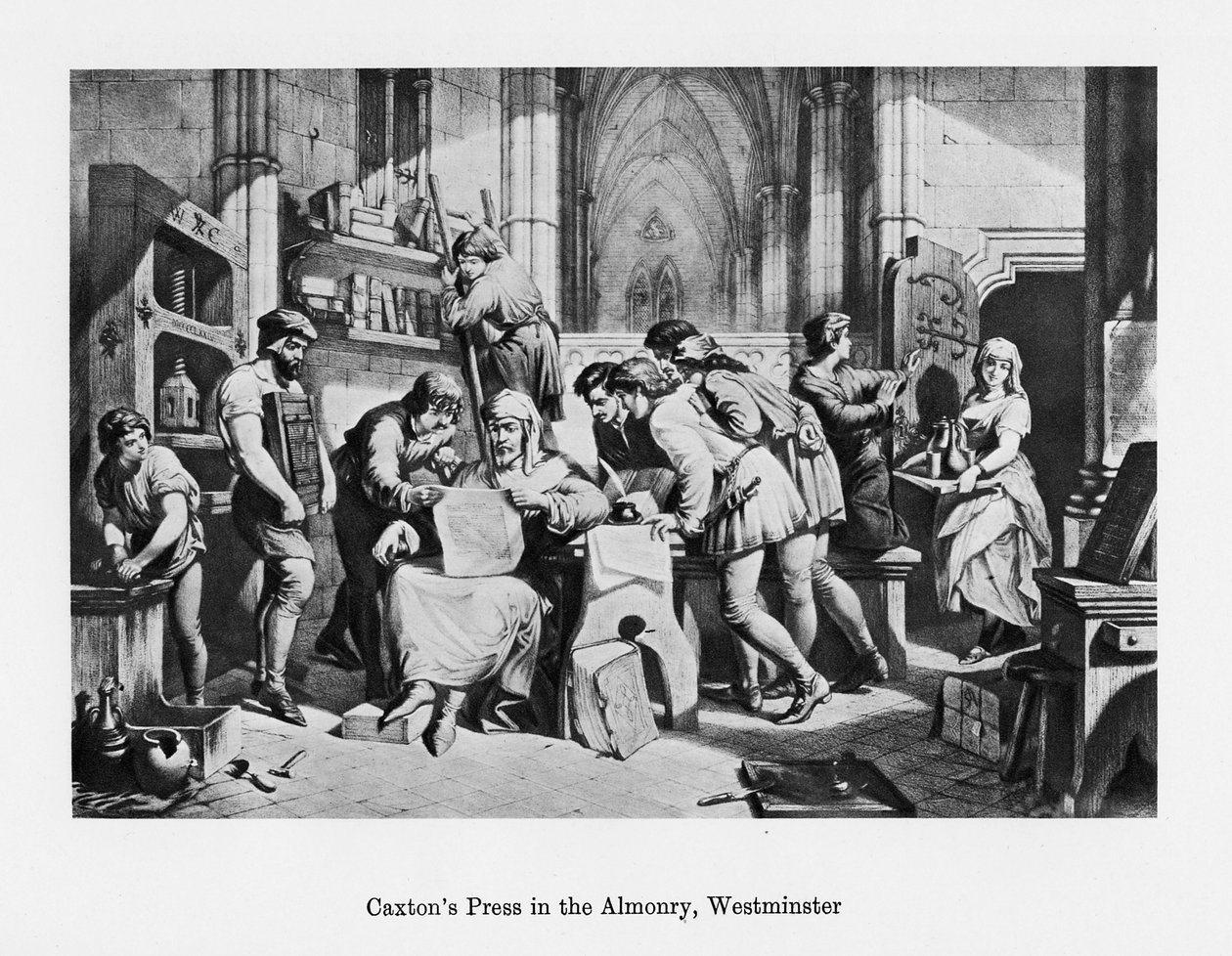 William Caxtons presse i Almonry, Westminster, 15. århundrede, 19. århundrede af Unbekannt