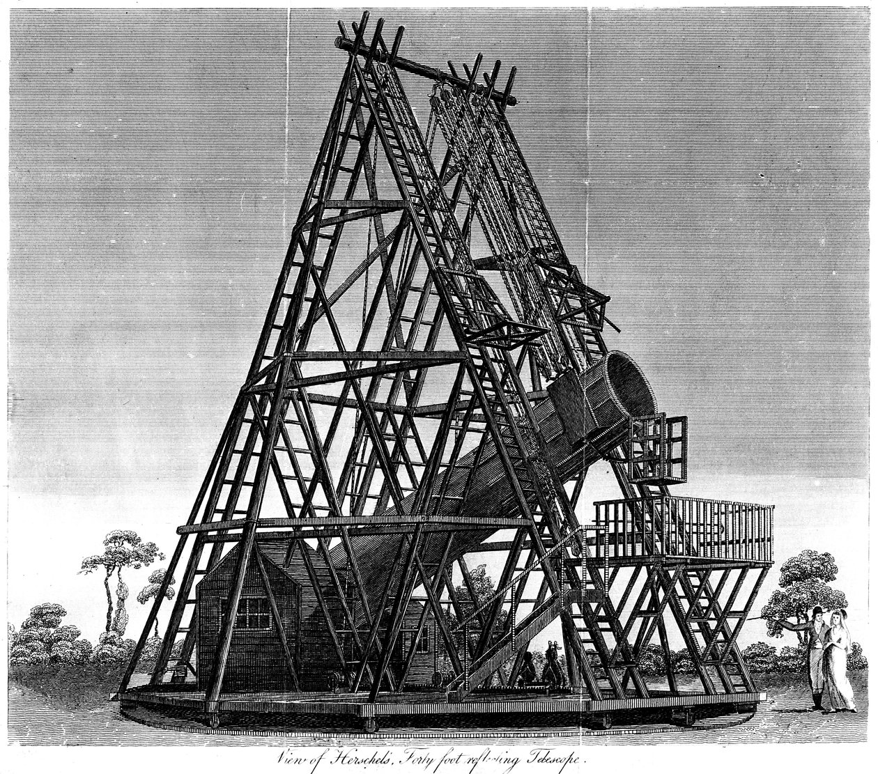 William Herschels reflekterende teleskop med brændvidde på 40 fod, Slough, England, 1809 af Unbekannt