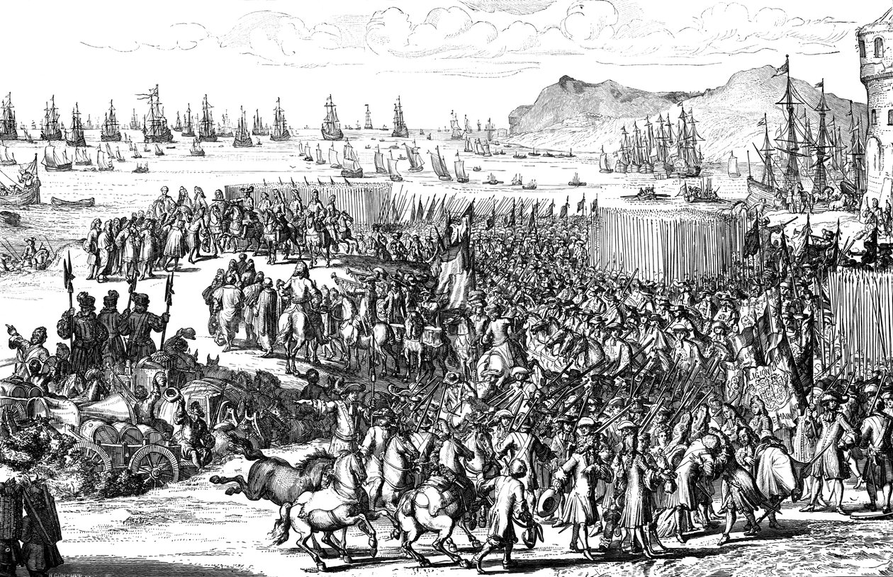 William af Orange lander med sin hær ved Torbay, Devon, 5. november 1688 af Unbekannt