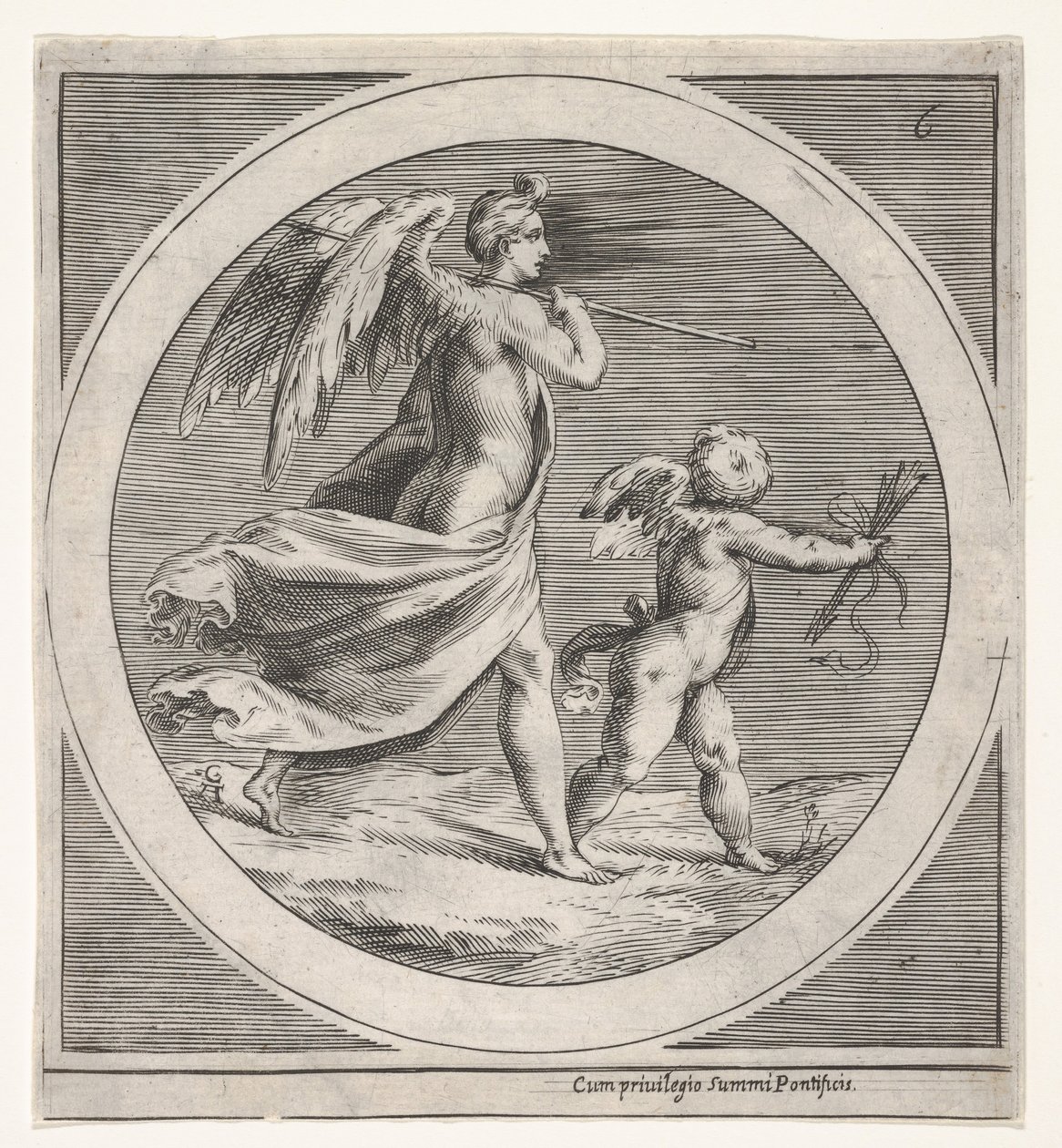 Bevinget kvindeskikkelse, draperet og bærende en stav, skridende bag en bevinget putto..., ca. 1550-1600. af Unbekannt
