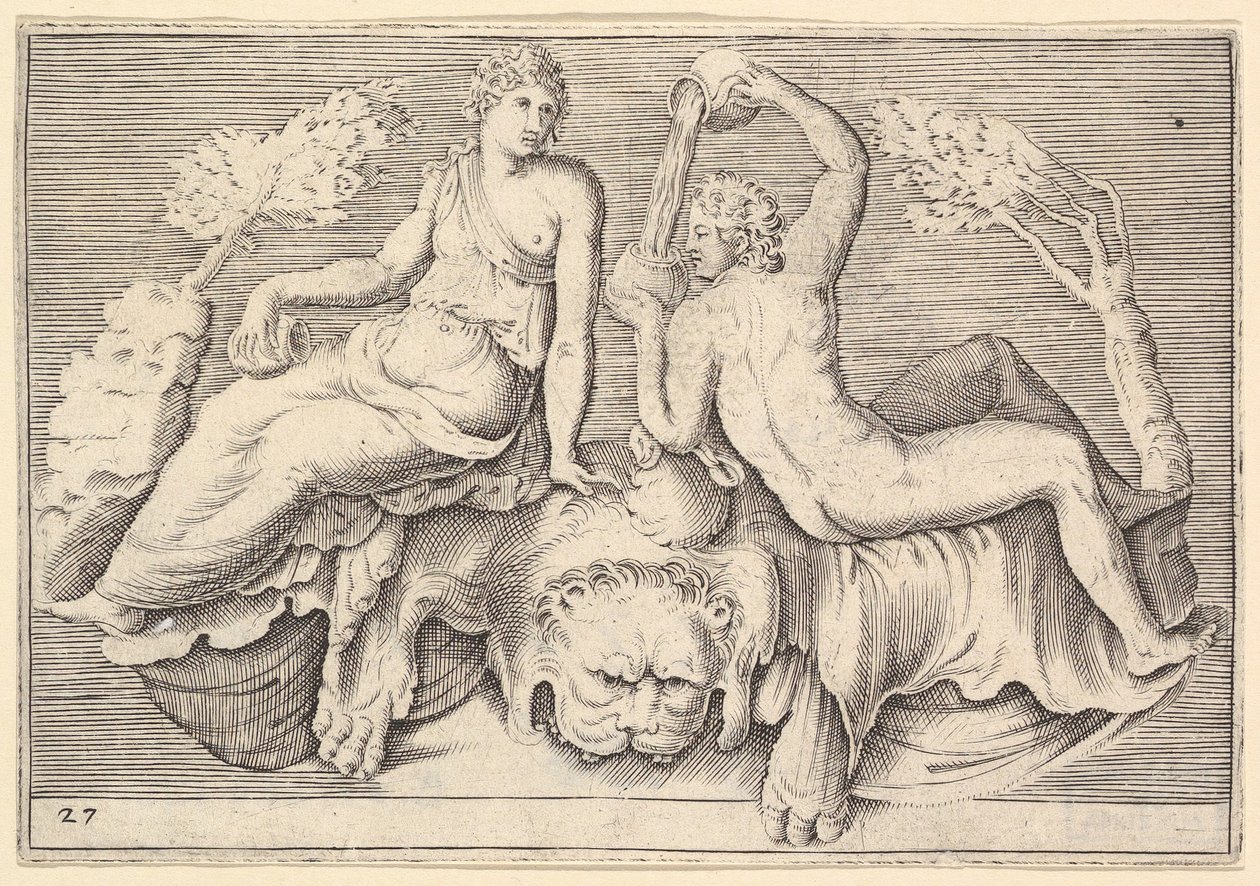 Kvinde og mand siddende på løveskind, mand skænker vin, udgivet ca. 1599-1622. af Unbekannt