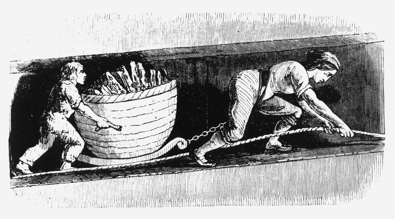 Kvinde og dreng tegner en korve indeholdende 3-4 cwt kul, Bolton, Lancashire, 1848 af Unbekannt