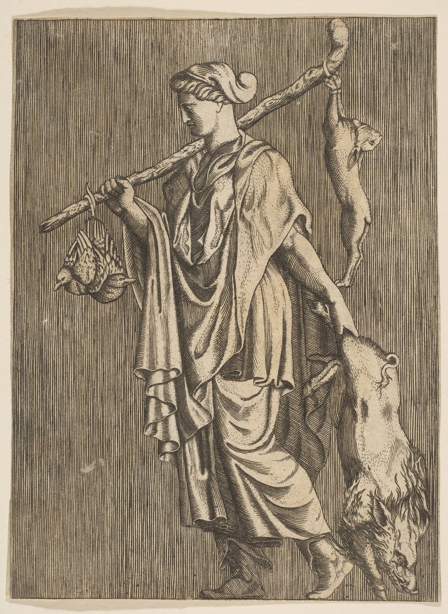 Kvinde, der vender tilbage fra en jagt med en orne i venstre hånd og en stok på r..., ca. 1515-1600. af Unbekannt