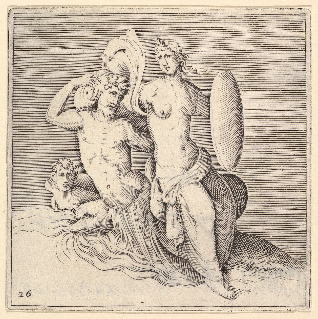 Woman with Shield Seated on Seamonster, udgivet ca. 1599-1622. af Unbekannt
