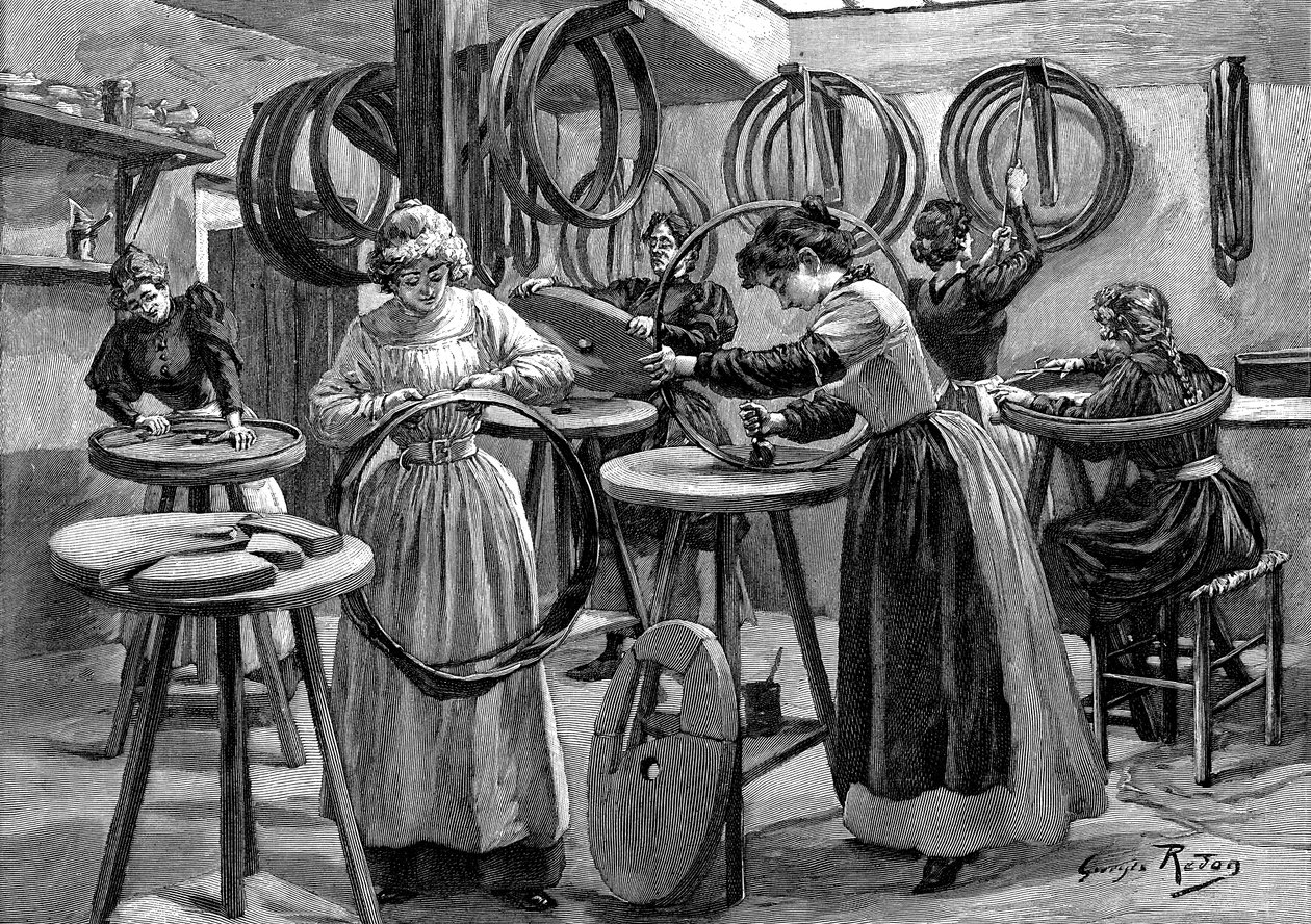 Kvinder fremstiller luftfyldte dæk til cykler, Frankrig, 1896 af Unbekannt