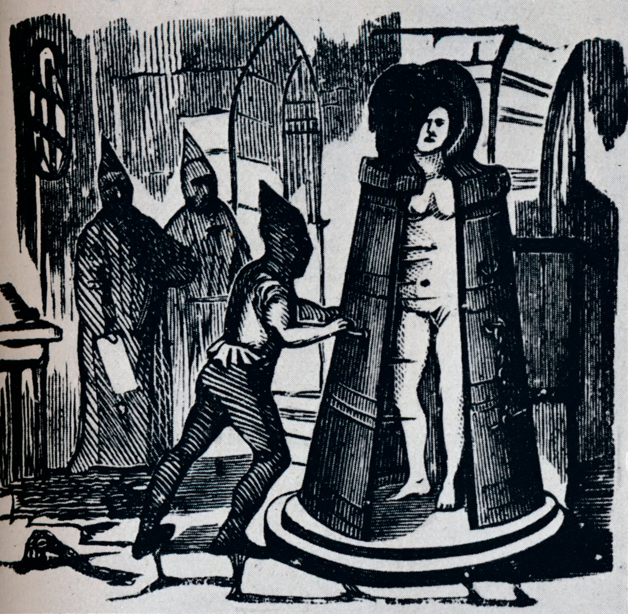 Træsnit, der viser Geuders Iron Maiden i torturkammer, c1870 af Unbekannt