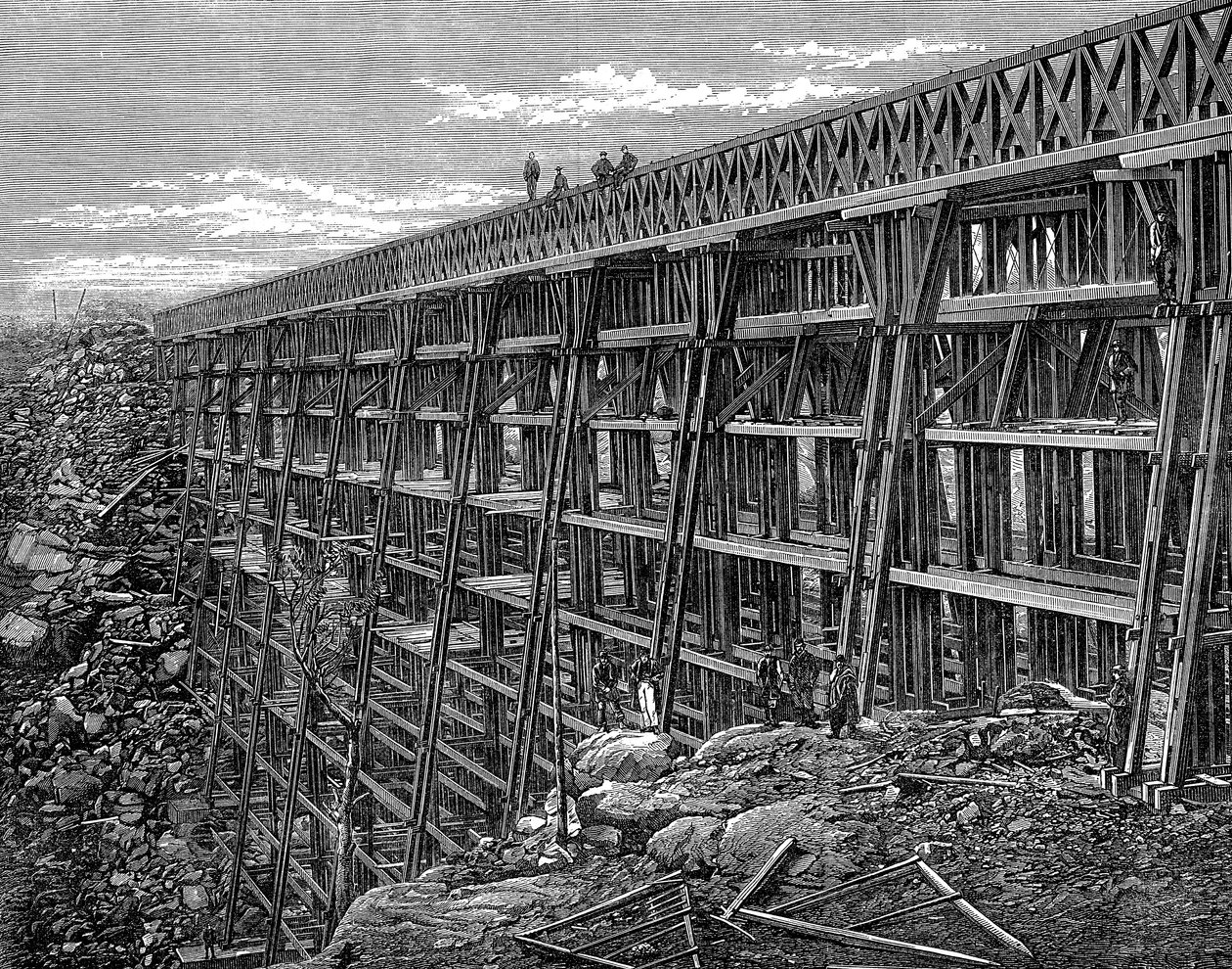 Træbukkebro på Union Pacific Railroad, Dale Creek, Wyoming, USA, 1869 af Unbekannt