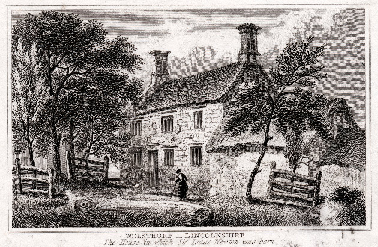 Woolsthorpe Manor, nær Grantham, Lincolnshire, fødested for Sir Isaac Newton, begyndelsen af det 19. århundrede af Unbekannt