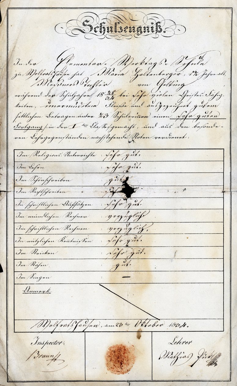 Skoleafslutning på folkeskolen om søndagen af en elev (Monika Haltenberger, sakristinens datter), fra en folkeskole dateret 24. september 1840, Academie de Geretsried, Haute Baviere i Tyskland, Europa af Unbekannt