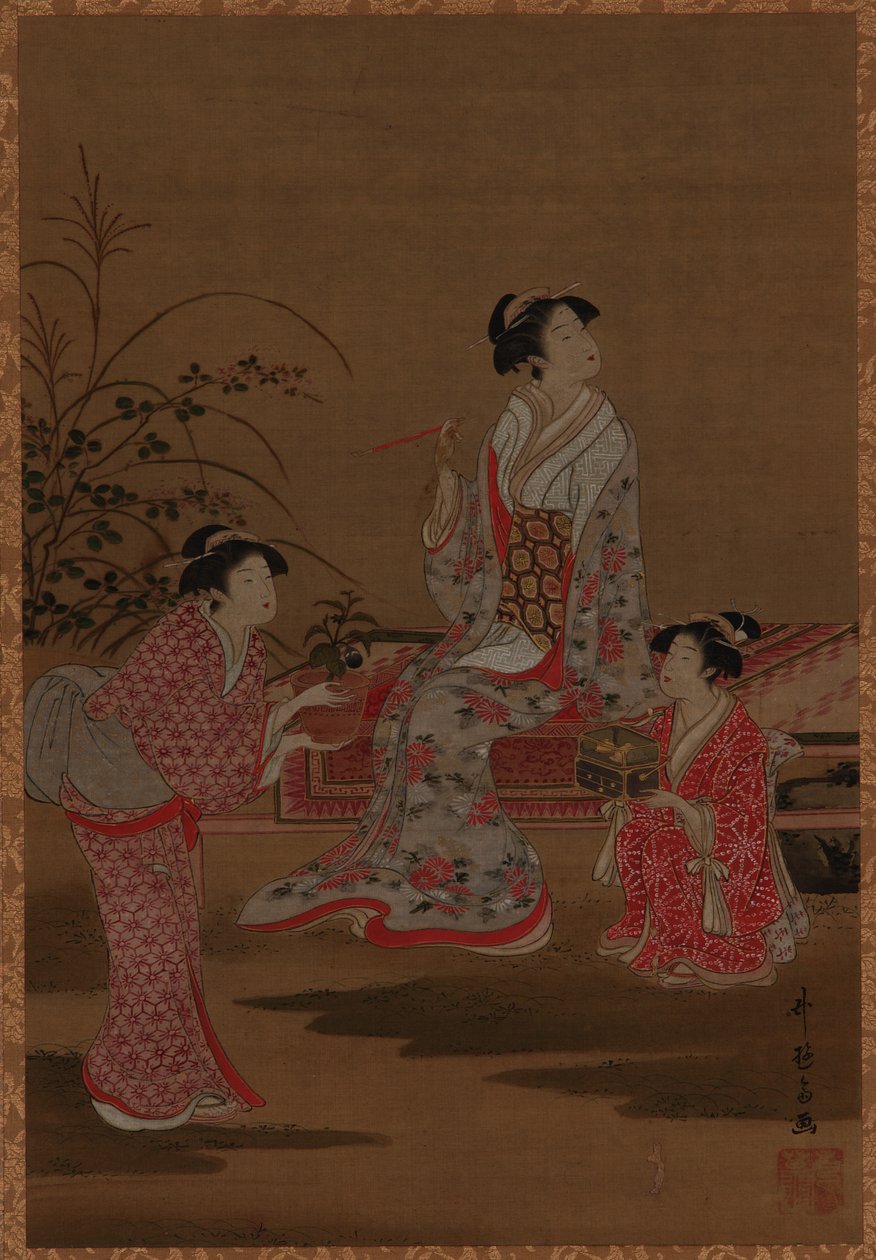 Ung kvinde, med to piger, siddende i en have, Edo-perioden, 1615-1868. af Unbekannt