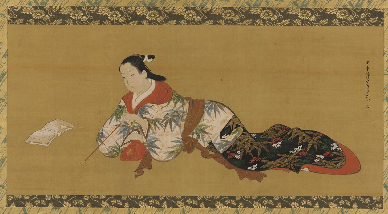 Yujo læner sig tilbage og læser et partitur, Edo-perioden, 1615-1868. af Unbekannt