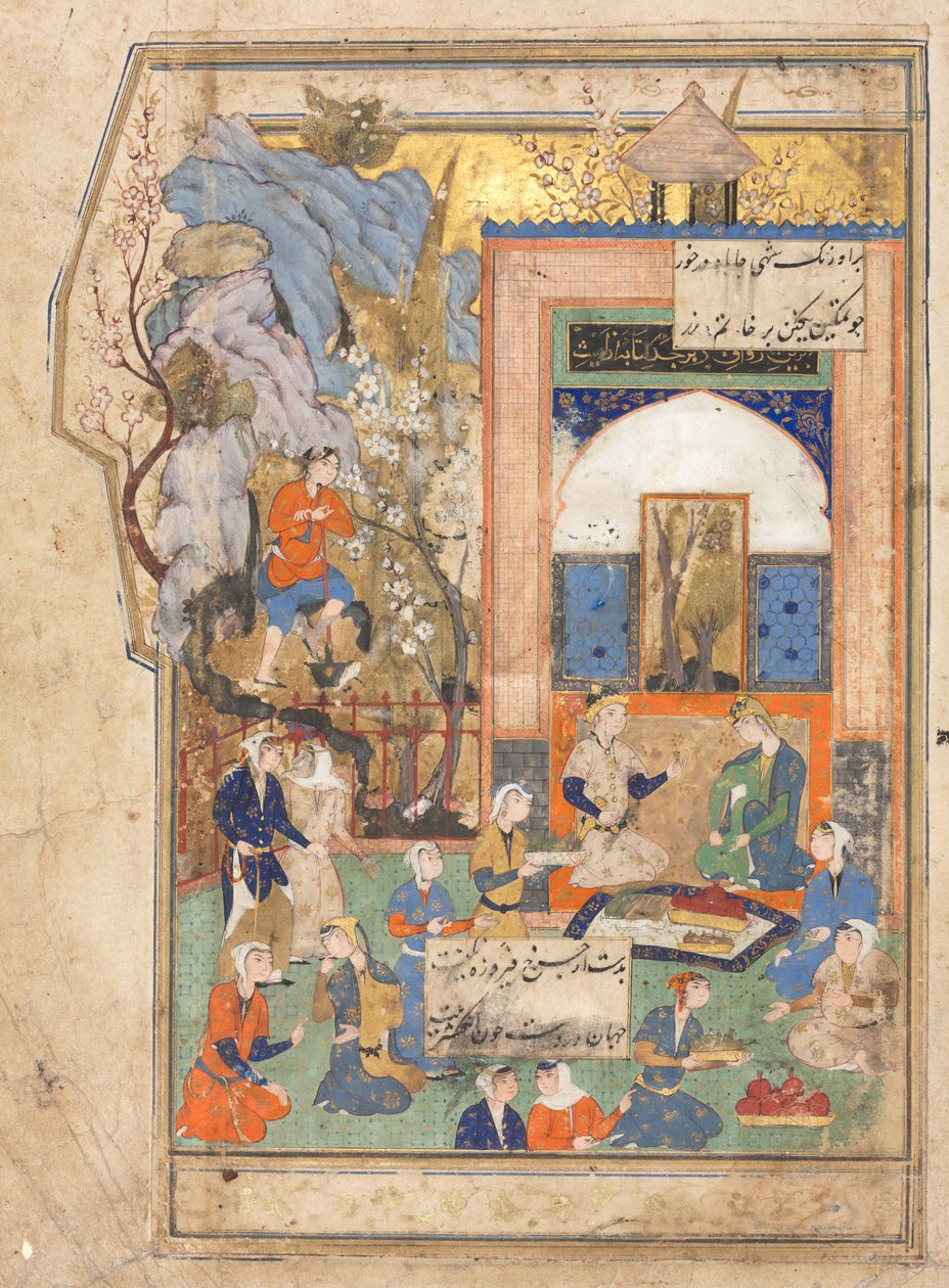 Yusuf og Zulaykha recto, Illustration og tekst Persiske vers i en antologi..., ca. 1556-65. af Unbekannt