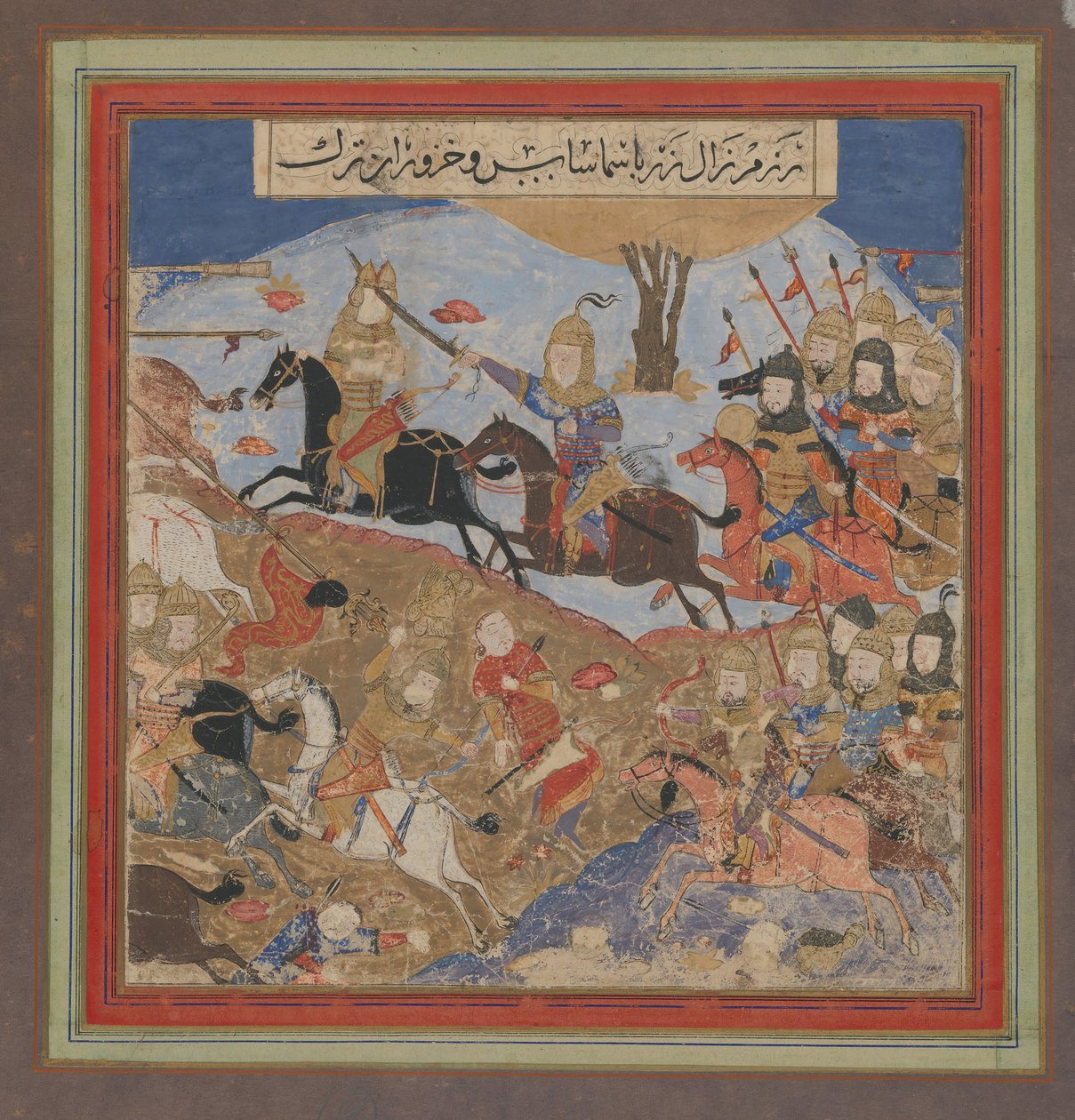 Zal slår Khazarvan ihjel og sætter Shamasas på flugt, Folio fra en Shahnama..., ca. 1430-40. af Unbekannt