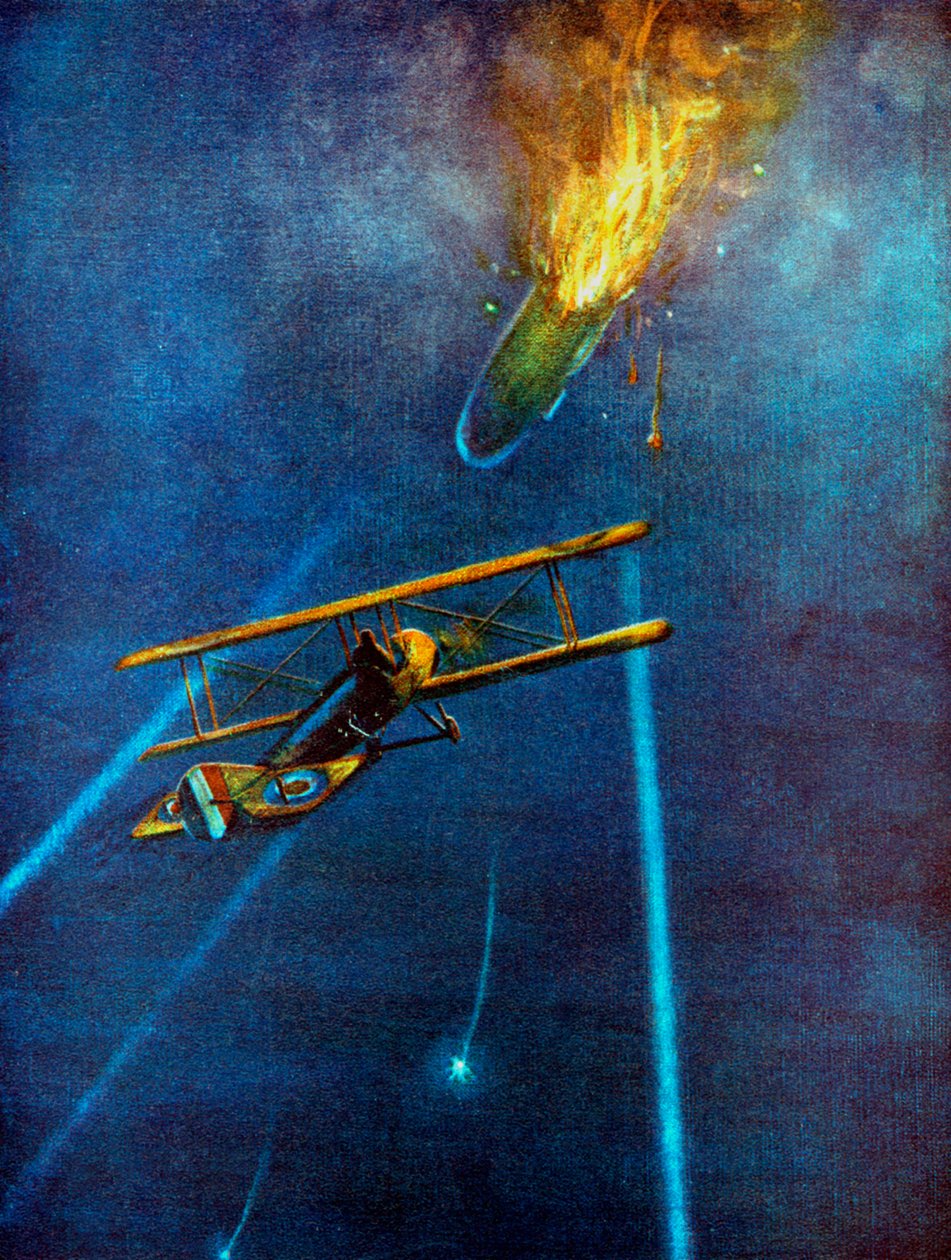 Zeppelin luftskib skudt ned ved Cuffley, nær Enfield, under bombeangreb på London, 1916 af Unbekannt