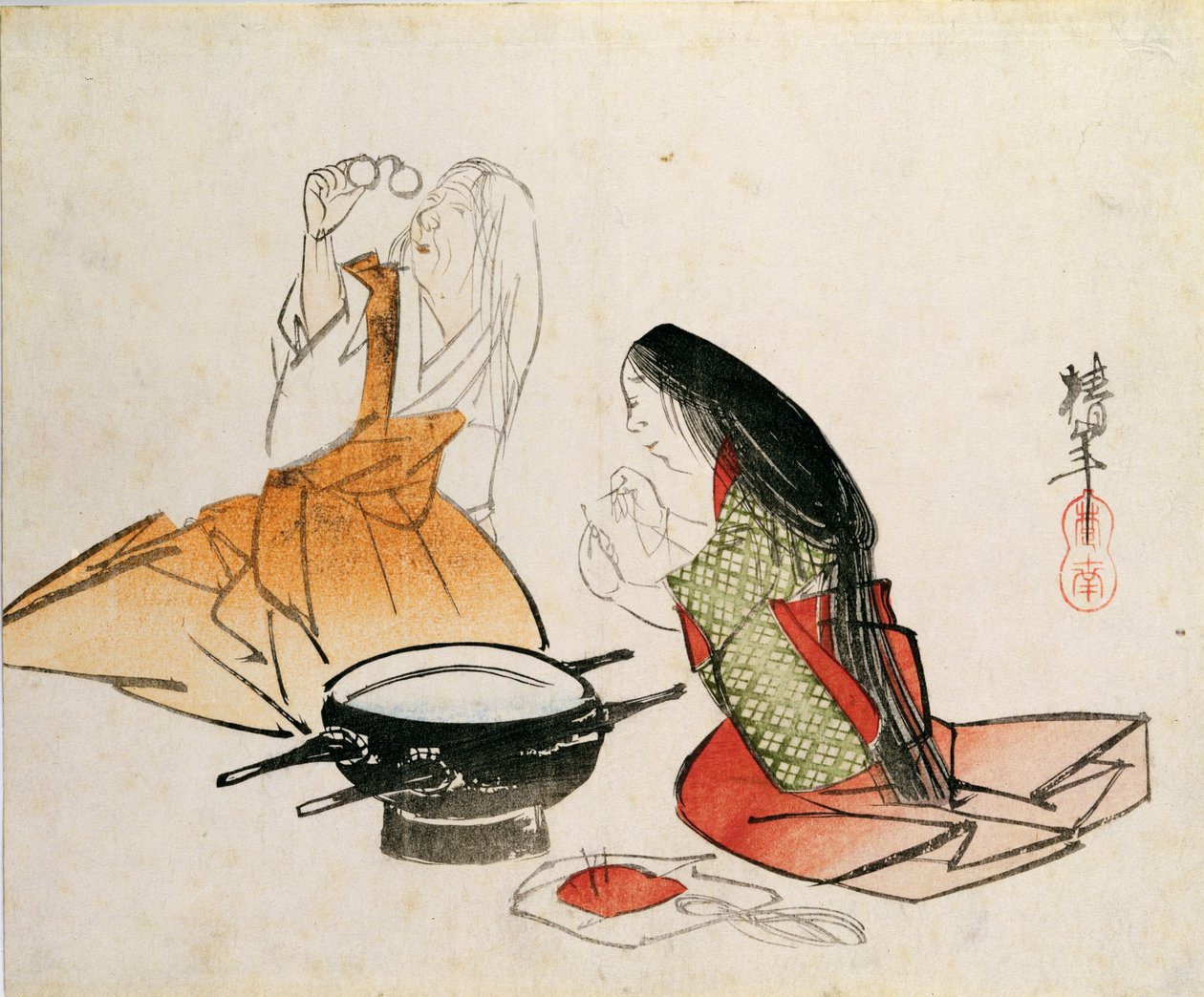 En ung kvinde tråder en nål af Chinnen (1792-1851), pub. ca. 1830, (chuban størrelse, farve træblok print) af Unbekannt Unbekannt