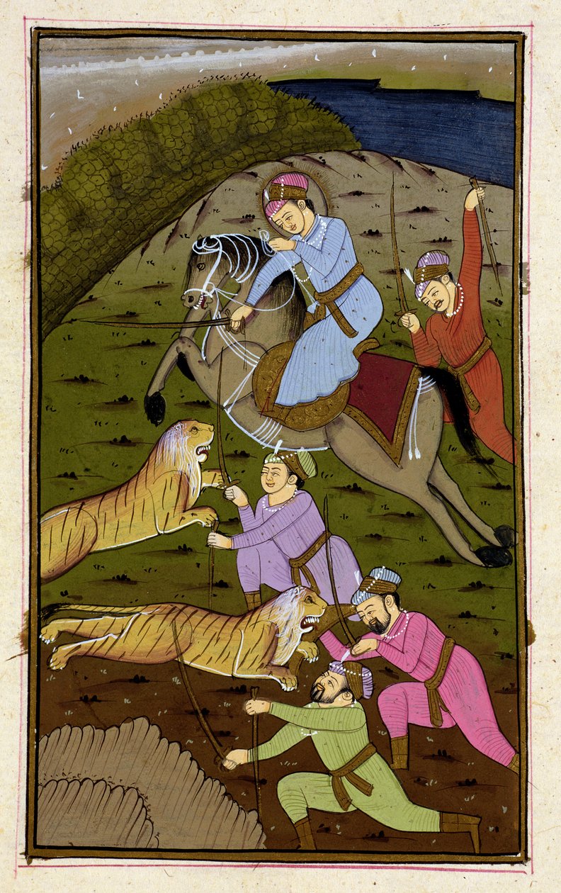 Akbar på tigerjagt fra Akbarnama, Mughal, ca. 1590, (illustreret tekst) af Unbekannt Unbekannt