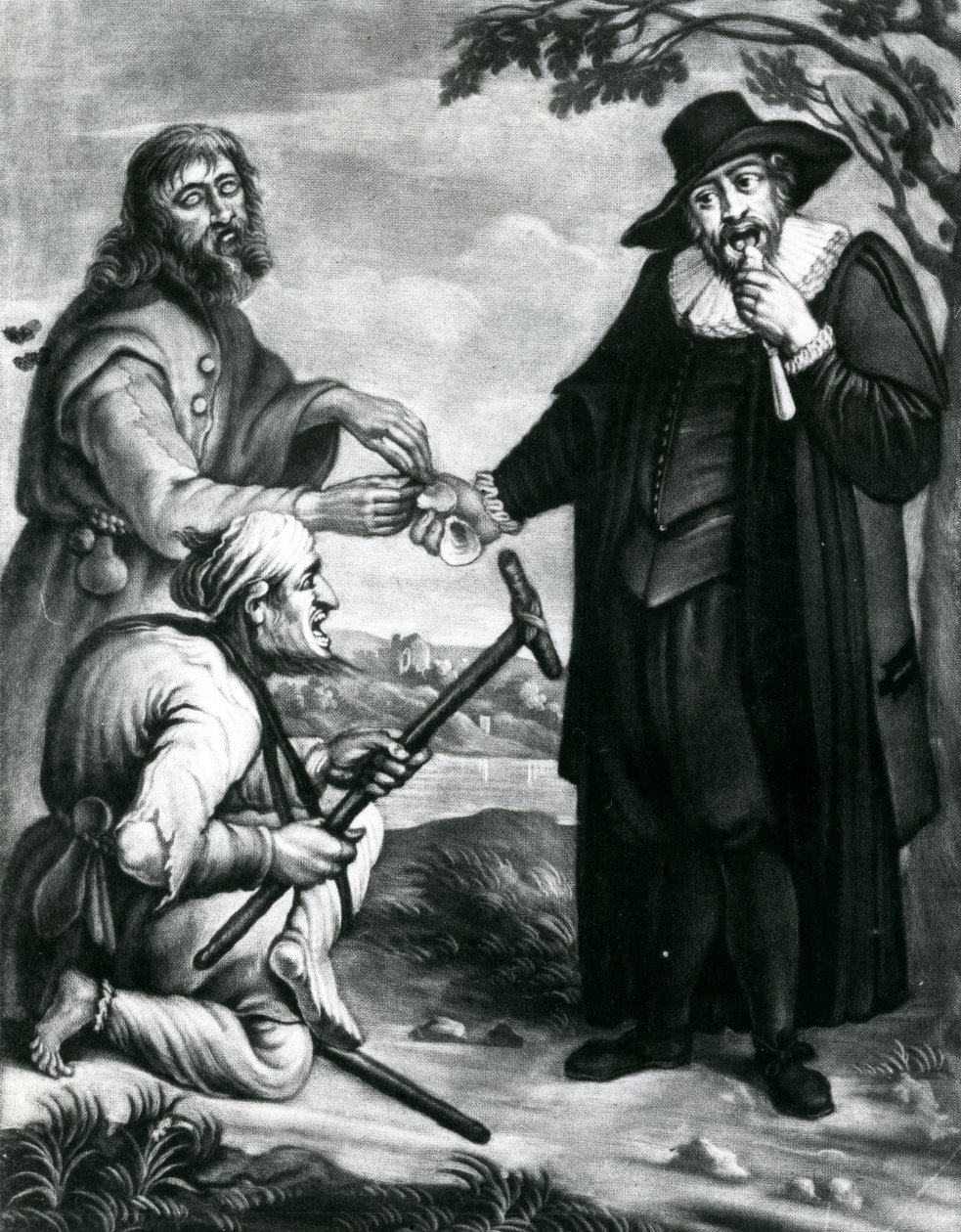 Blind Sagsøger, Lamme Sagsøgte Andel, De venlige love upartisk omsorg, En skal til ham en skal til dig, Midten i advokatens salær c.1700-40 (mezzotint) af Unbekannt Unbekannt
