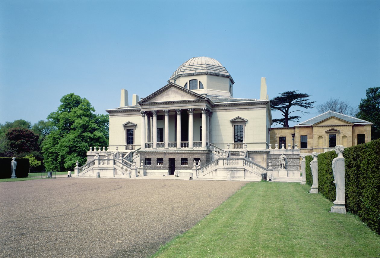 Udvendigt billede af østfronten af Chiswick House, London, (1725-29), bygget af Lord Burlington, 3. jarl af (Richard Boyle) (1694-1753) af Unbekannt Unbekannt