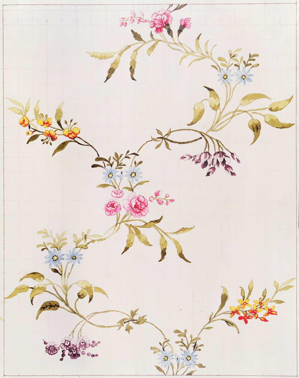 Blomsterdesign af nelliker og roser til et silkemateriale, der skal væves på Spitalfields, af Anna Maria Garthwaite (1690-1763), 1744 (wc på papir, firkantet til overførsel) af Unbekannt Unbekannt