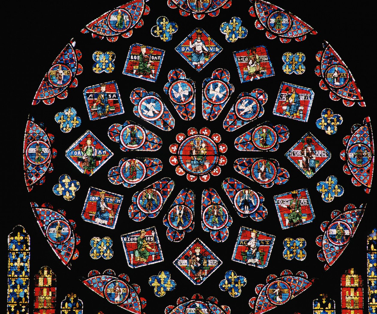 Glorificering af Jomfru Maria, der viser Blanche af Castiliens våben under rosen, nordrosenvinduet, ca. 1223 af Unbekannt Unbekannt