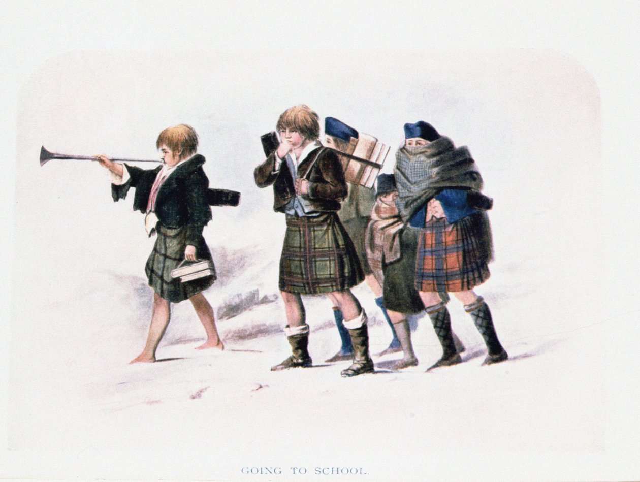 Going To School af R.R. McIan (farvet litho) af Unbekannt Unbekannt