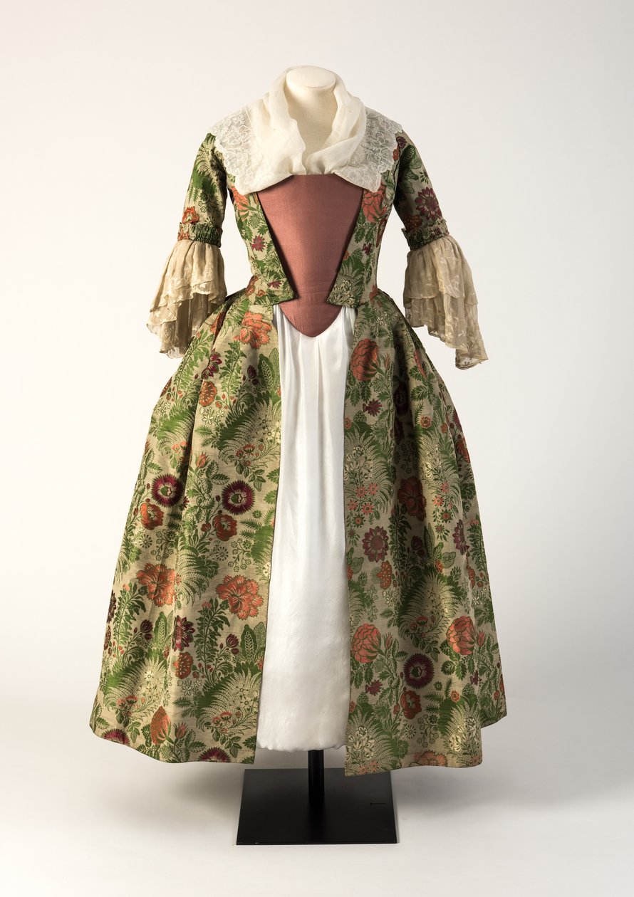 Grøn og pink brokade vævet silke åben kjortel, 1730