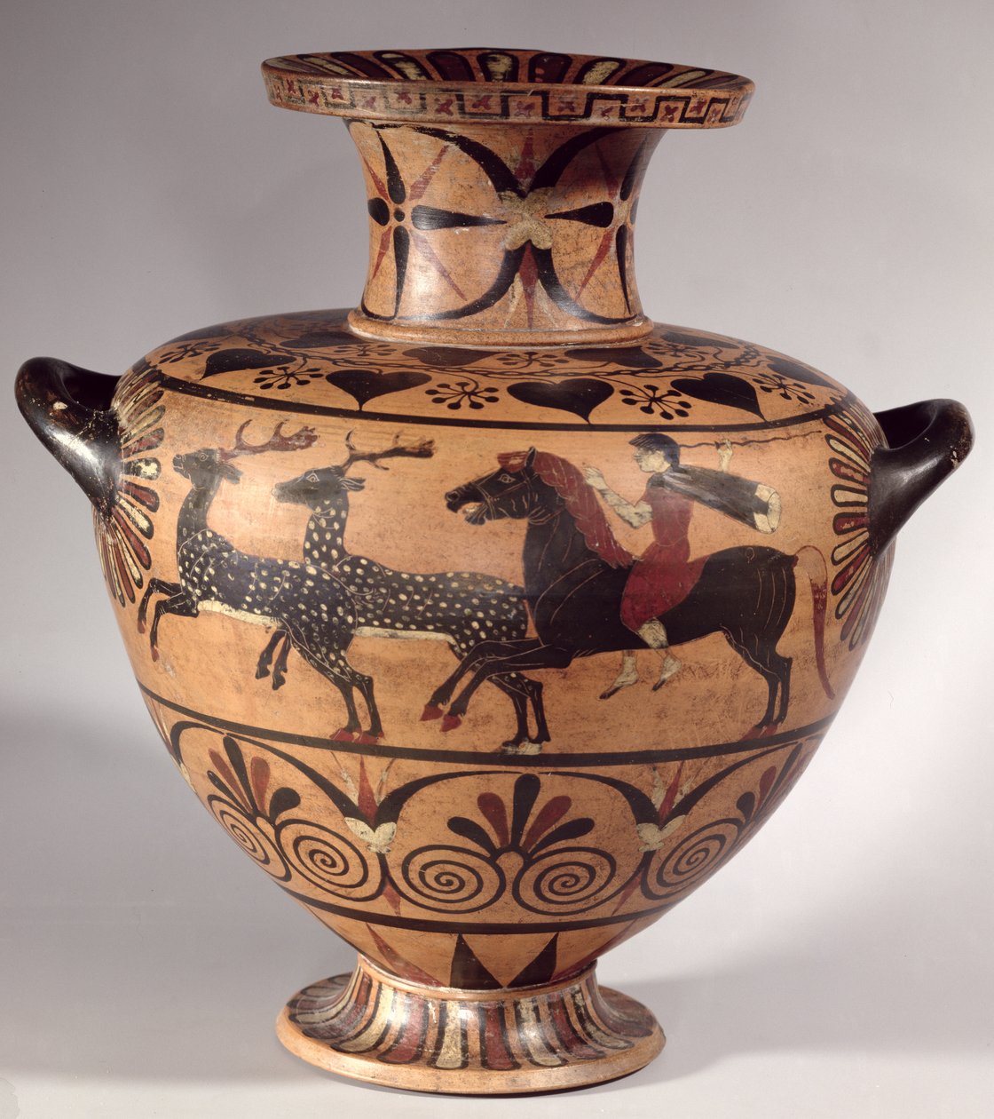 Hydria, jagtscene, arkaisk græsk, sortfigureret etruskisk-ionisk periode, ca. 540-530 f.Kr. (keramik) af Unbekannt Unbekannt