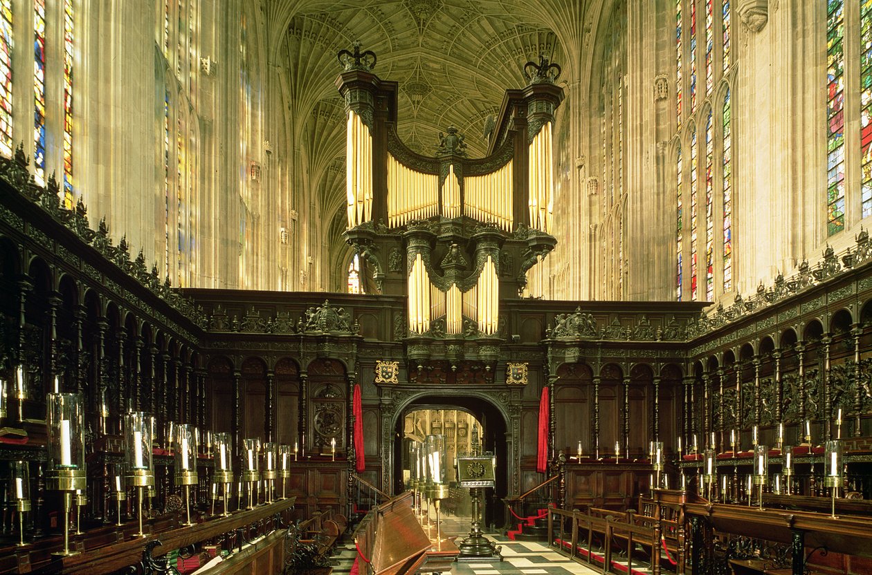 Indvendig udsigt, der viser gang og orgel, Kings College Chapel, Cambridge af Unbekannt Unbekannt
