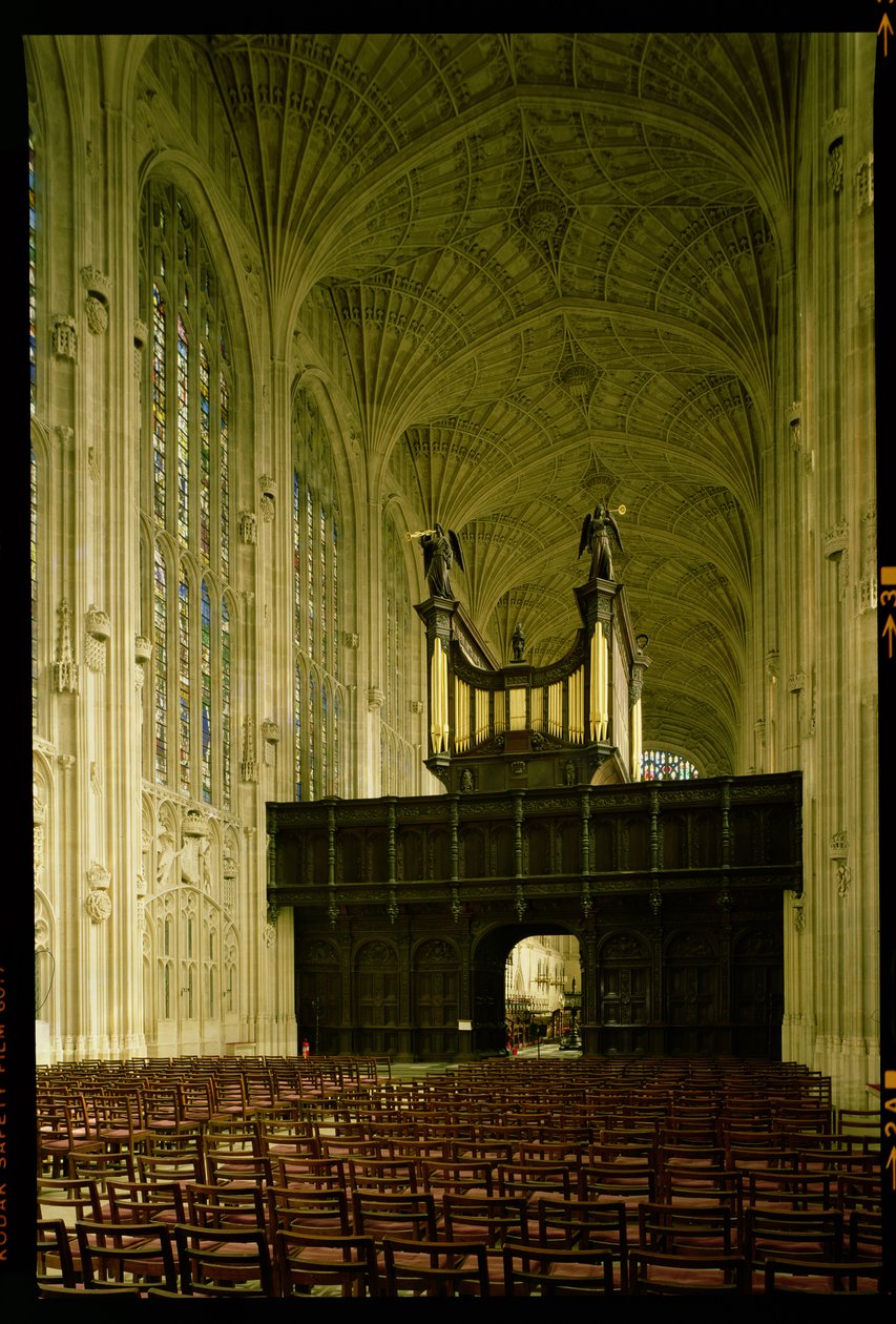 Kings College Chapel, Indvendig visning af viftehvælving og orgel, English School (15. århundrede), Cambridge, Storbritannien af Unbekannt Unbekannt