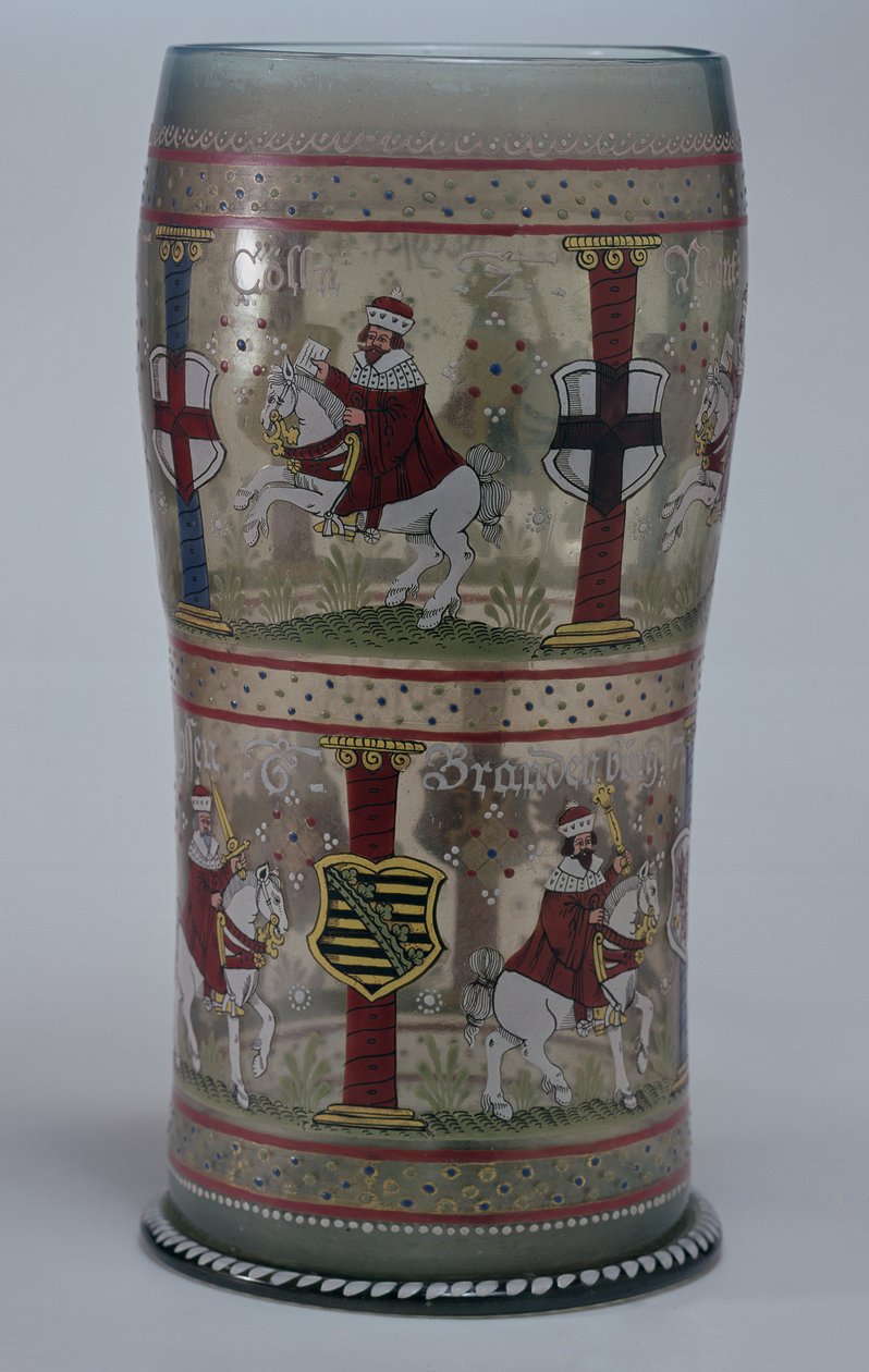 Kurfuersten Hupen (tysk valgglas) emaljeret med scener af kejser og syv kurfyrste, der rider på hvide heste, bøhmisk, 1625 af Unbekannt Unbekannt