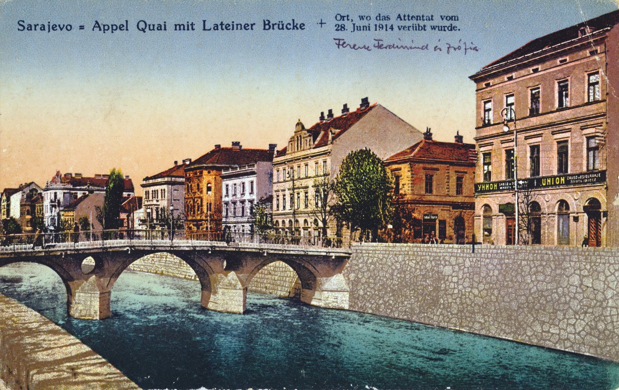 Postkort, der viser Sarajevo, Appel-kajen og Lateiner-broen, stedet for mordet på ærkehertug Franz-Ferdinand og hans kone Sophie den 28. juni 1914, ca. 1920 af Unbekannt Unbekannt
