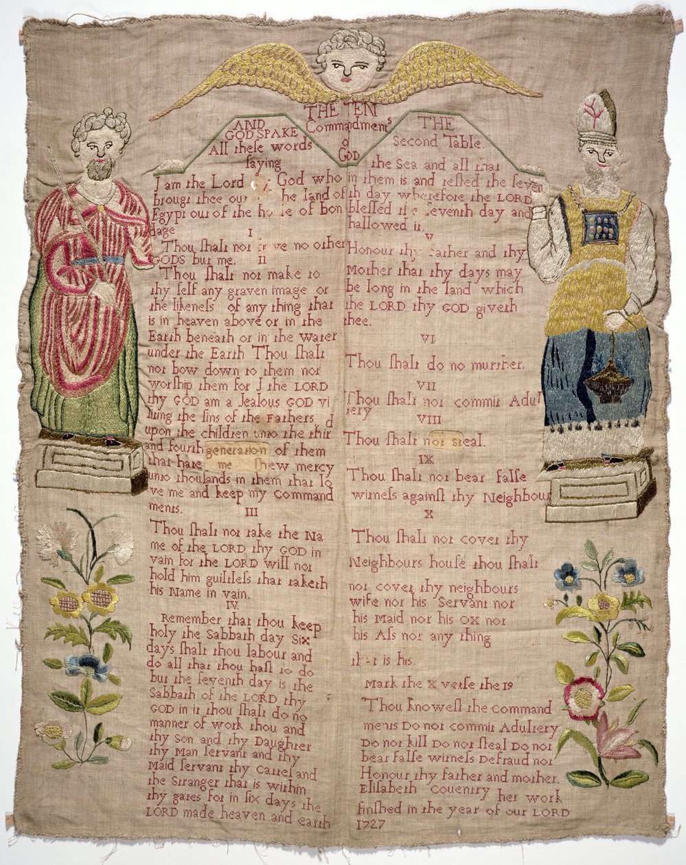 Sampler, der viser de ti bud, af Elizabeth Coventry, engelsk, 1727 (farvet silke på linned) af Unbekannt Unbekannt