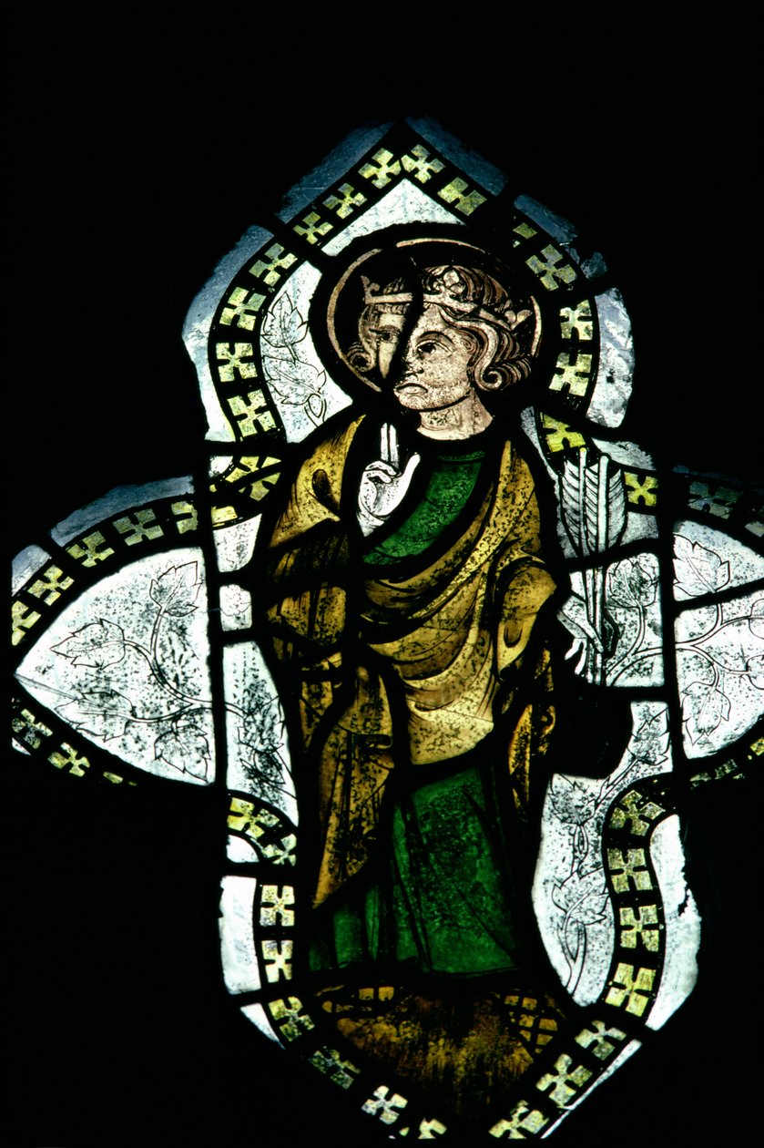 St.Edmund, kronet og nimbed, bærende pilene af sit martyrium, 14. århundrede farvet glas af Unbekannt Unbekannt