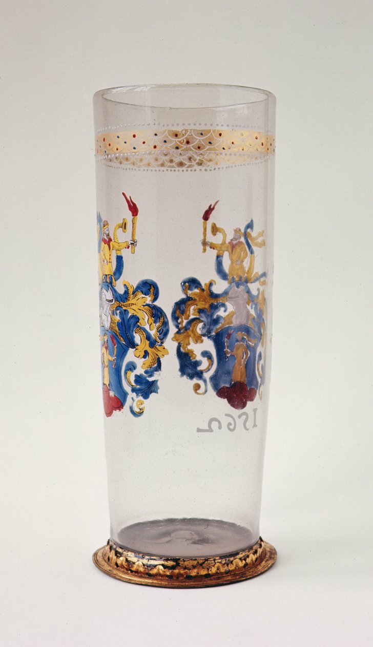 Stangenglas (tysk bægerglas) emaljeret heraldisk dekoration, sølvforgyldt montering, sandsynligvis sydtysk, 1562 af Unbekannt Unbekannt