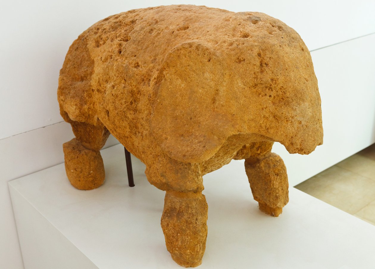 Det arkæologiske kompleks, Carmona, Sevilla-provinsen, Spanien. Skulptur i museet af en elefant fundet i elefantgraven i den romerske nekropolis. af Unbekannt Unbekannt