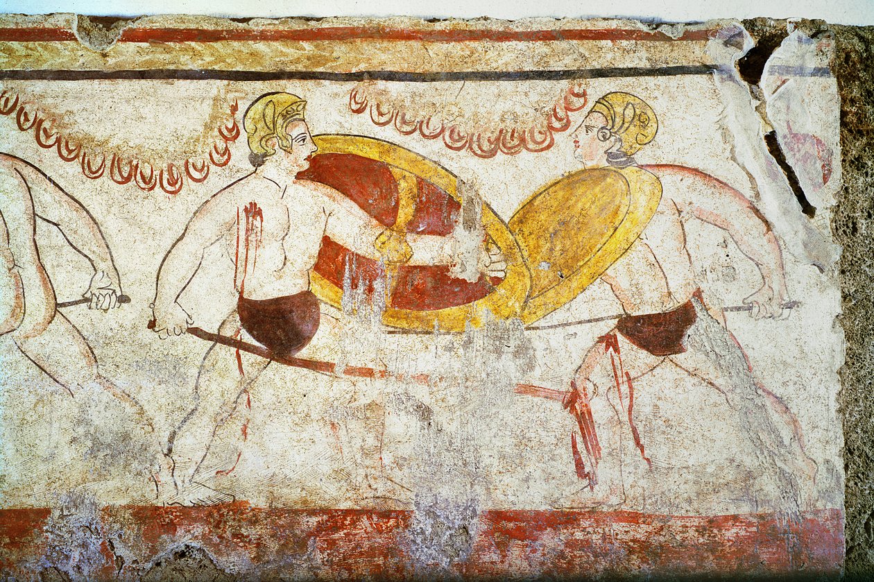 Slaget ved Gladiatorerne, detalje af en duel, ca. 3. århundrede f.Kr af Unbekannt Unbekannt