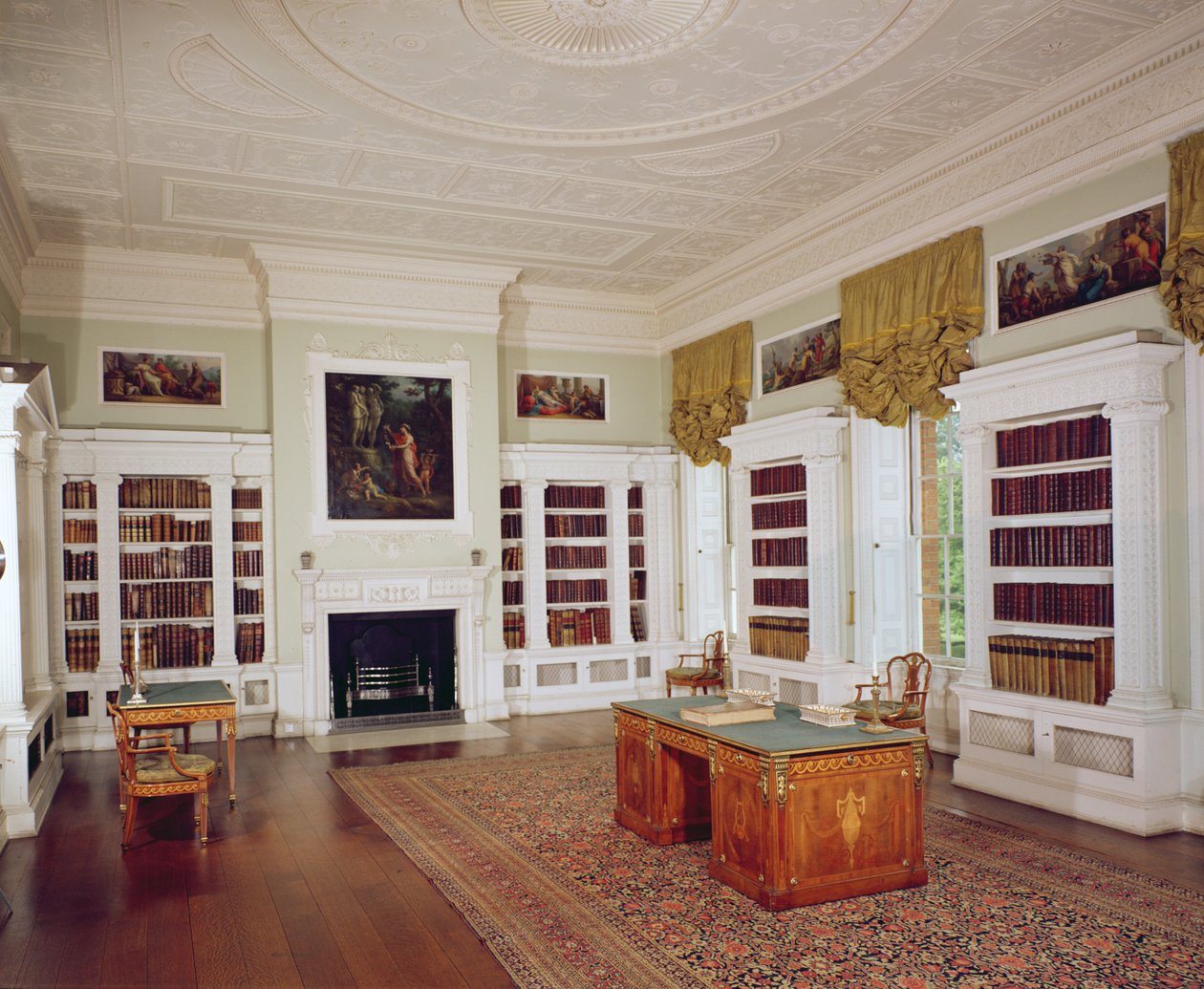 Biblioteket med Adam skrivebord, ca. 1775, i neo-klassisk stil af Unbekannt Unbekannt