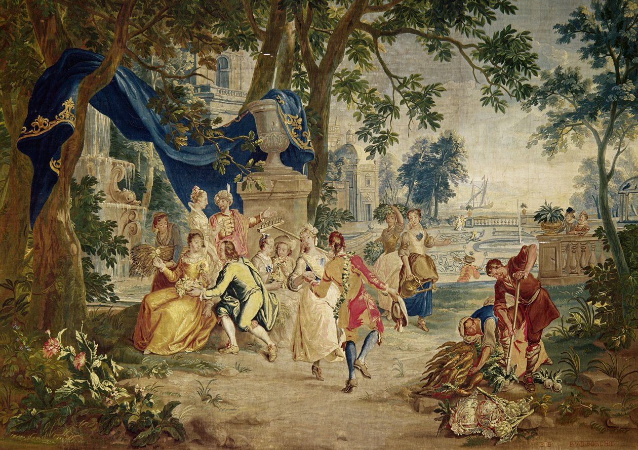 Landsbyen Fete efter D.Teniers, vævet af LeClerc og J.van der Borg, slutningen af det 17. århundrede, landskabsmiljø sandsynligvis designet af Lucas Achtschelling af Unbekannt Unbekannt